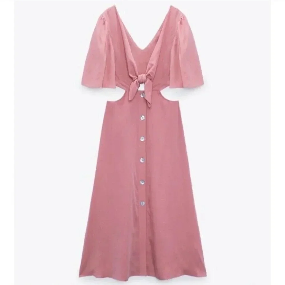 Zara Tie Bow Front Cut Out Midi Dress Light Pink NWT Size XL - Picture 2 of 10